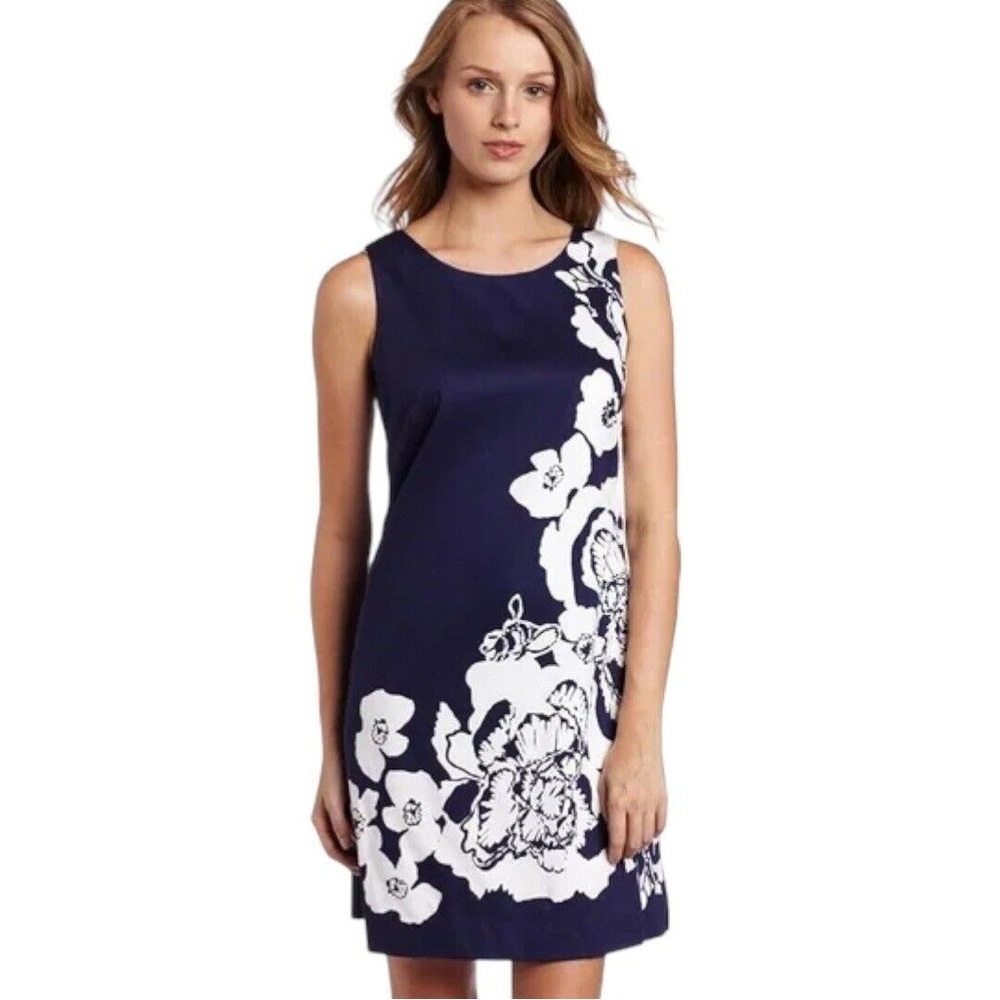 Lilly Pulitzer Stephanie Shift Dress Navy Blue w/ White Floral Print  Size 6